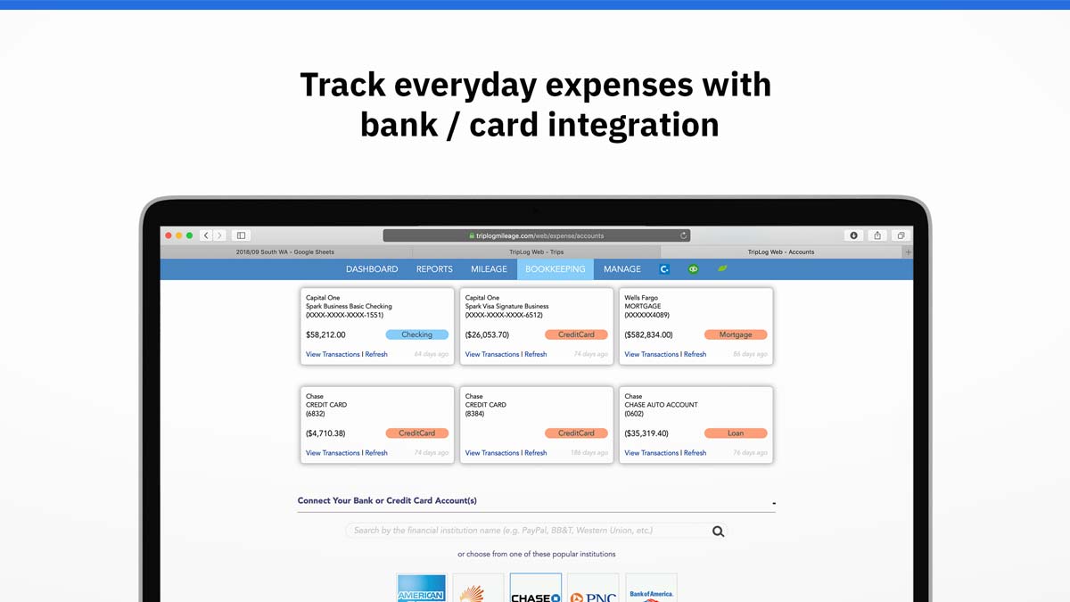 triplog mileage app bank credit card integration