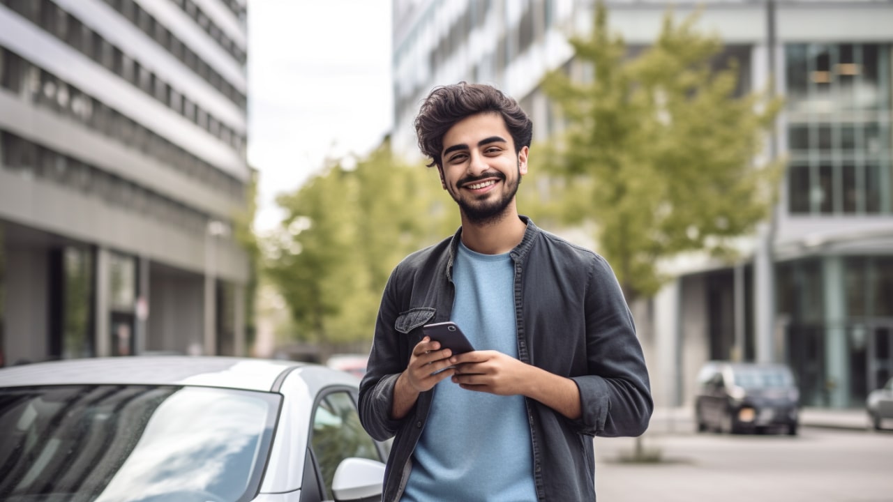 young man standing in front of car holding phone