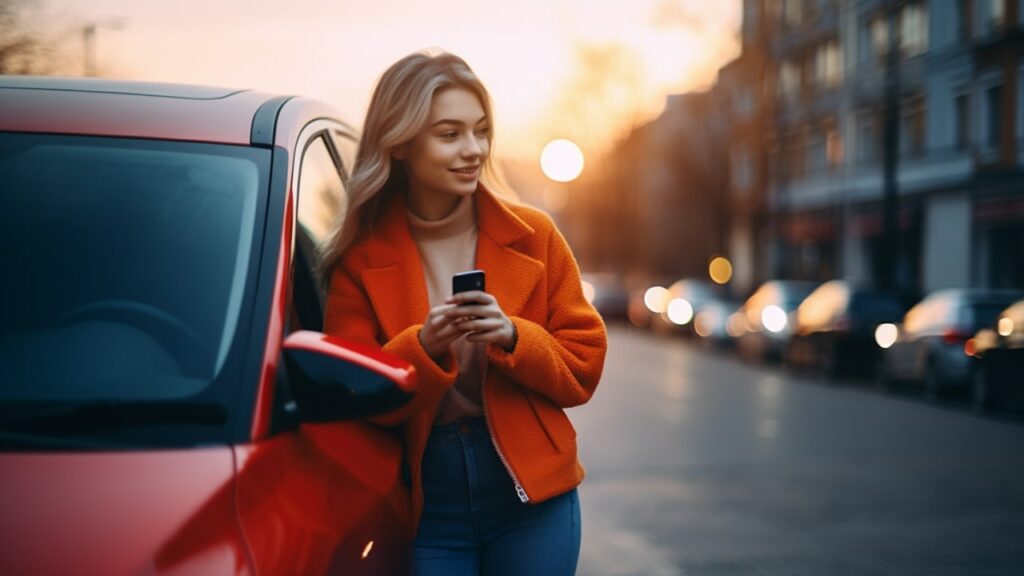 young woman standing in front of car holding phone