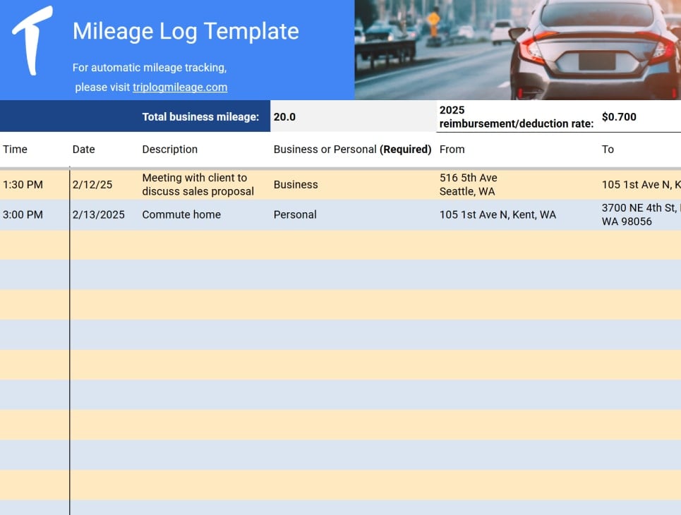 triplog individual mileage log template 2025